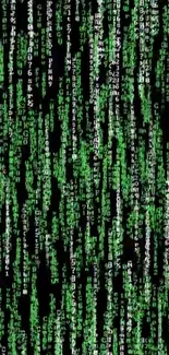 Matrix-inspired wallpaper with green code over black background.