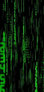 Matrix-inspired wallpaper with green digital rain on black background.