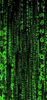 Green Matrix code mobile wallpaper with cascading digital letters.