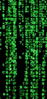 Matrix code wallpaper with neon green symbols.