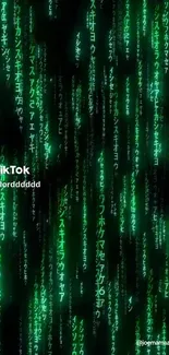 Matrix-inspired neon wallpaper with cascading green code on a black background.