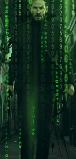 Digital wallpaper with green matrix code and mysterious figure.