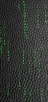 Matrix code phone wallpaper with neon green text on a black textured background.