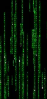 Matrix code wallpaper with green digital symbols on black background.