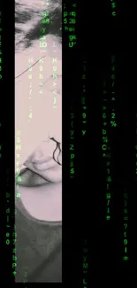 Matrix-inspired wallpaper with green code on dark background for mobile phones.