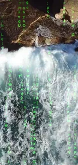 Matrix digital code over waterfall image.