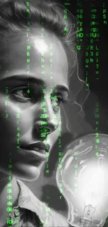 Matrix-inspired wallpaper with green digital code over a grayscale portrait.