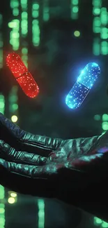 Matrix-inspired wallpaper with red and blue pills floating above a gloved hand.