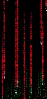 Abstract red and green matrix codes on a black background.