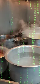 Kitchen scene with Matrix-style green text overlay on pots.