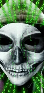 A masked figure with green binary code.