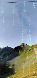 Mountain landscape with Matrix-style digital rain overlay.