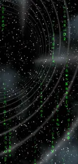 Matrix-themed space vortex wallpaper with green digital code