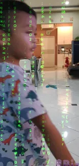 Child with green Matrix code overlay in home.