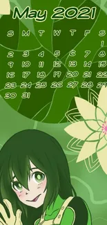 Anime themed May 2021 wallpaper with calendar and floral accents in green tones.