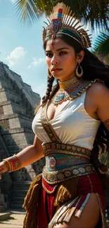 Mayan warrior princess in traditional attire with pyramid backdrop.