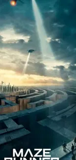 Maze Runner sci-fi cityscape with labyrinth and sky beams.