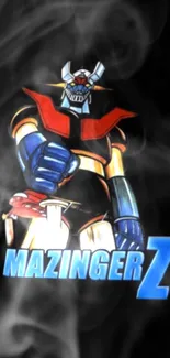 Mazinger Z robot in dynamic pose with smoky black background.