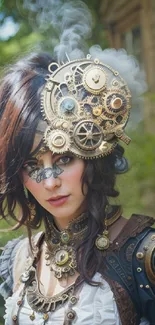 Steampunk style portrait with gears and vintage fashion elements.