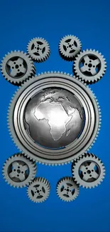 Mechanical gear design with earth on blue background.