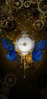 Steampunk butterfly clock wallpaper with golden gears and blue wings.