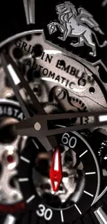 Close-up view of a mechanical watch's intricate gears and face design.