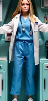 Doll wearing blue scrubs and a white coat.