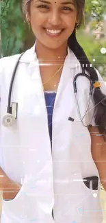 Smiling medical student wearing a white coat with a stethoscope.