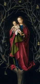 Medieval art of Madonna and Child on mobile wallpaper, with dark red tones.