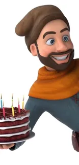 Medieval character with birthday cake and candles on phone wallpaper.