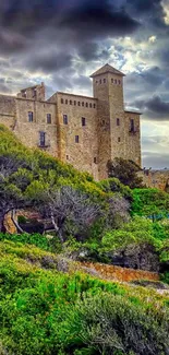 Medieval castle at sunset with lush green landscape by the sea.