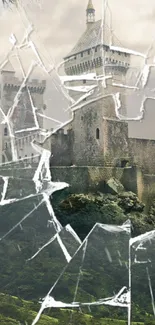 Medieval castle with shattered glass effect on wallpaper.