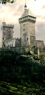 Misty medieval castle surrounded by lush forest.