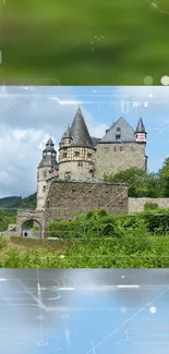 Beautiful medieval castle with lush greenery and a blue sky.