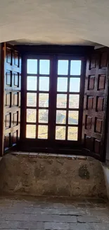 Rustic stone-walled castle window with a landscape view.