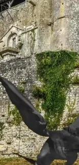 A dragon in front of an ivy-covered medieval castle.