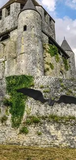 Medieval castle with a dragon flying overhead against a cloudy sky.