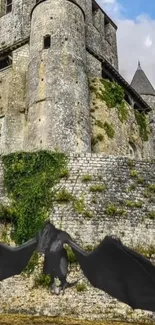 Dragon flying near an ivy-covered medieval castle wall.