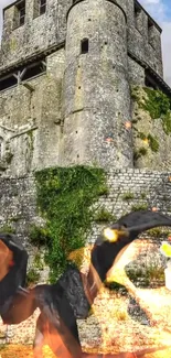 A dragon flies over an ancient medieval castle with stone walls and greenery.