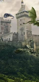 Medieval castle with dragon in dramatic fantasy setting.