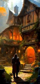 Medieval fantasy village with cottages and autumn hues.