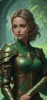 Fantasy warrior in green armor in a mystical forest setting.