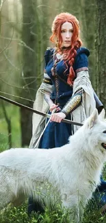 Medieval woman and white wolf in a forest setting.