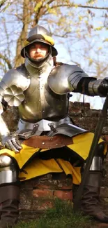 Medieval knight in shining armor with a rustic background.