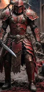 Medieval knight in red armor holding a sword.