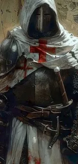 Medieval knight in armor with cross emblem.