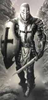 Knight in armor with shield and sword in grayscale.