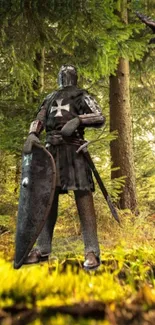 Knight in armor stands in a lush forest with green foliage surrounding.