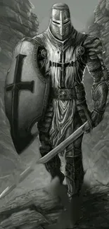 Detailed medieval knight with shield and armor in grayscale wallpaper.