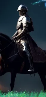 Knight in armor on horseback with dramatic sky.